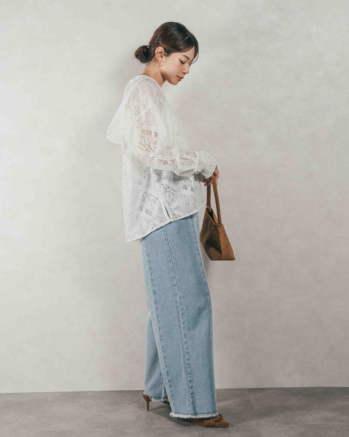 ［SET］Blockレース　フーディーブラウス + 10oz ニュアンスバイカラー リラックスワイドデニム（2SET）