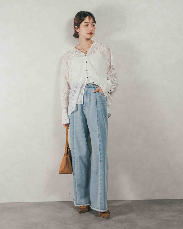 ［SET］Blockレース　フーディーブラウス + 10oz ニュアンスバイカラー リラックスワイドデニム（2SET）