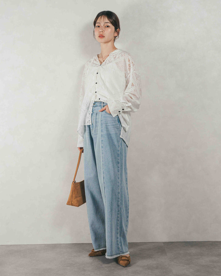 ［SET］Blockレース　フーディーブラウス + 10oz ニュアンスバイカラー リラックスワイドデニム（2SET）