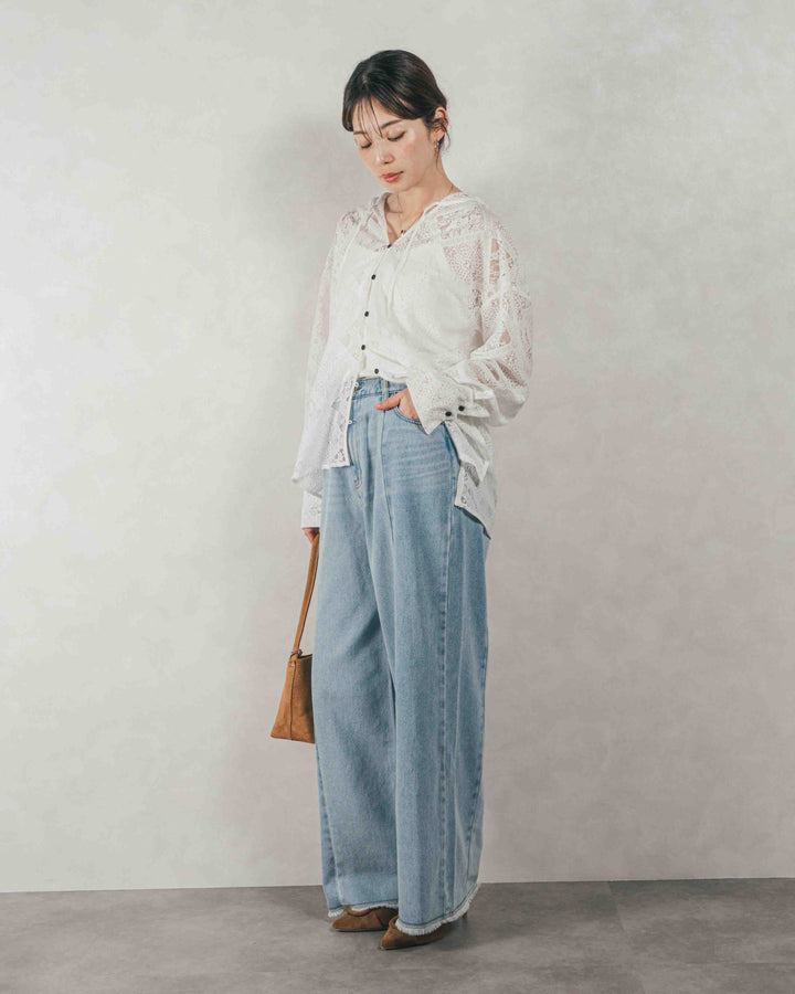 ［SET］Blockレース　フーディーブラウス + 10oz ニュアンスバイカラー リラックスワイドデニム（2SET）