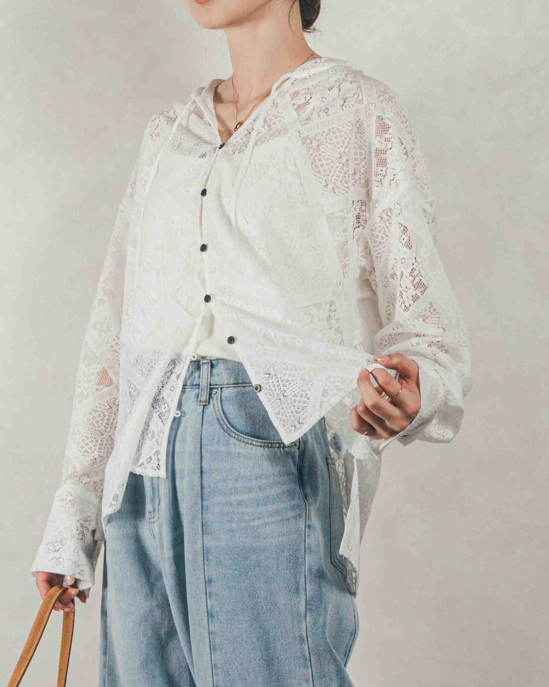 ［SET］Blockレース　フーディーブラウス + 10oz ニュアンスバイカラー リラックスワイドデニム（2SET）