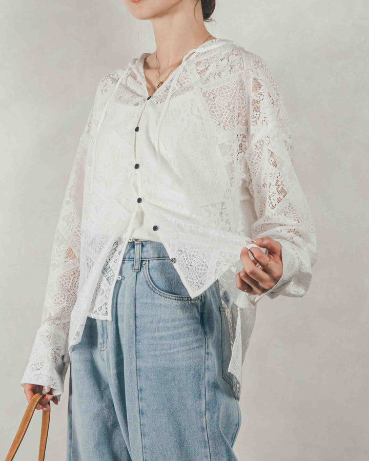 ［SET］Blockレース　フーディーブラウス + 10oz ニュアンスバイカラー リラックスワイドデニム（2SET）