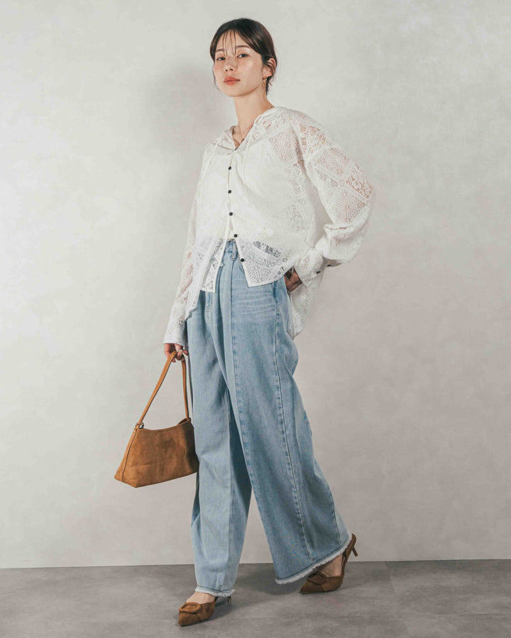 ［SET］Blockレース　フーディーブラウス + 10oz ニュアンスバイカラー リラックスワイドデニム（2SET）