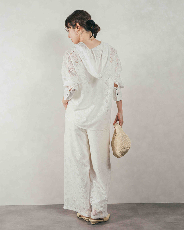 ［SET］Blockレース フーディーブラウス + Blockレース ストレートパンツ（2SET）