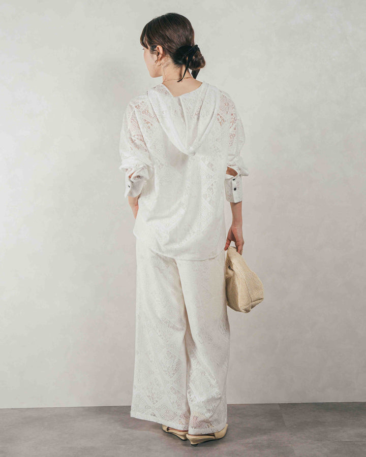 ［SET］Blockレース フーディーブラウス + Blockレース ストレートパンツ（2SET）