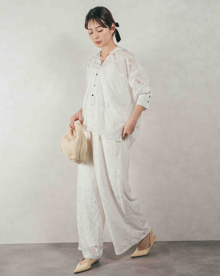 ［SET］Blockレース フーディーブラウス + Blockレース ストレートパンツ（2SET）