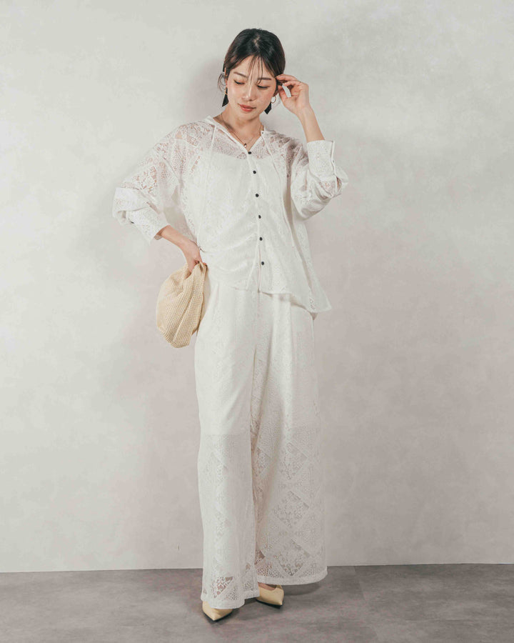 ［SET］Blockレース フーディーブラウス + Blockレース ストレートパンツ（2SET）