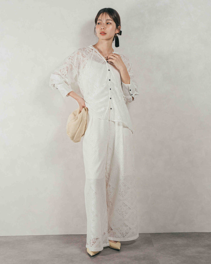 ［SET］Blockレース フーディーブラウス + Blockレース ストレートパンツ（2SET）