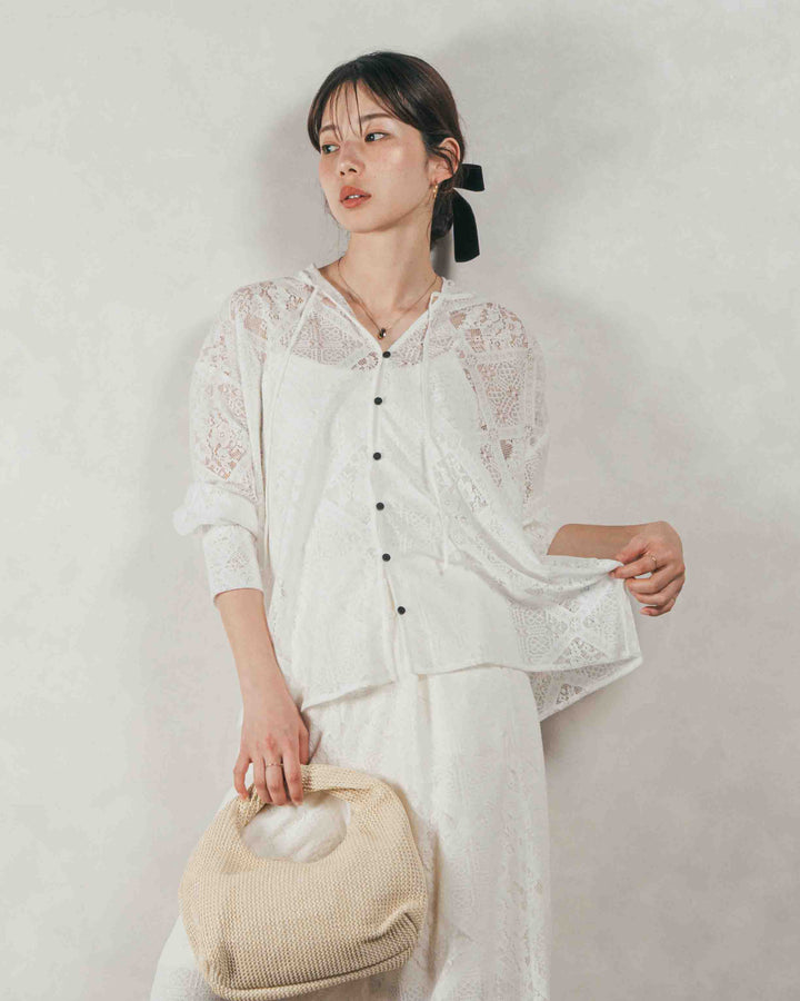 ［SET］Blockレース フーディーブラウス + Blockレース ストレートパンツ（2SET）