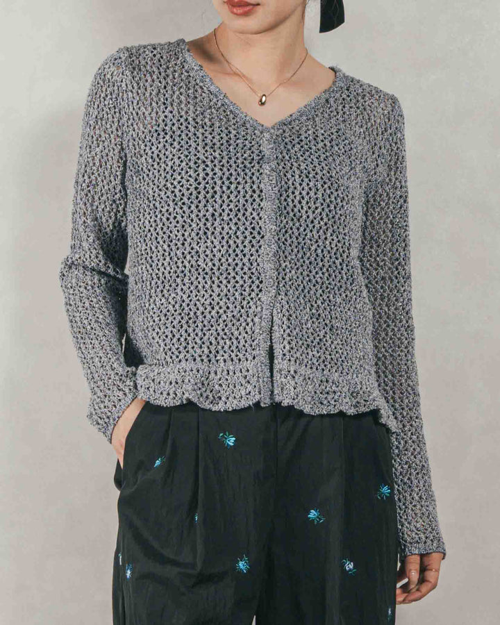 ［SET］Mixメッシュ Vネックカーデ + Flower刺繍　タックパンツ（2SET）