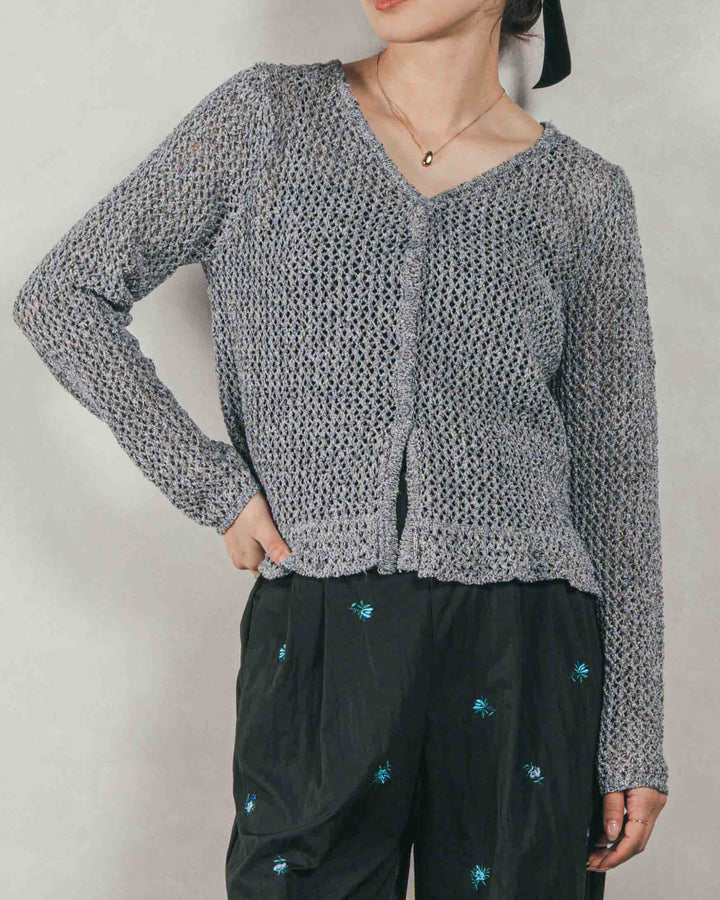 ［SET］Mixメッシュ Vネックカーデ + Flower刺繍　タックパンツ（2SET）