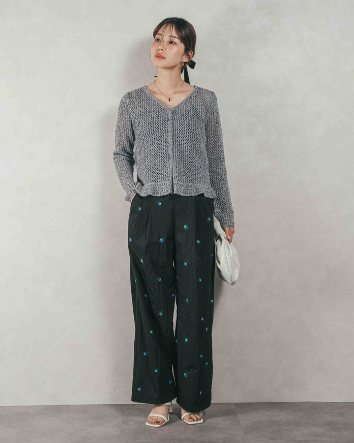［SET］Mixメッシュ Vネックカーデ + Flower刺繍　タックパンツ（2SET）