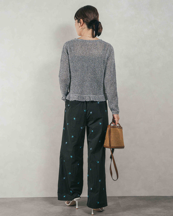 ［SET］Mixメッシュ Vネックカーデ + Flower刺繍　タックパンツ（2SET）