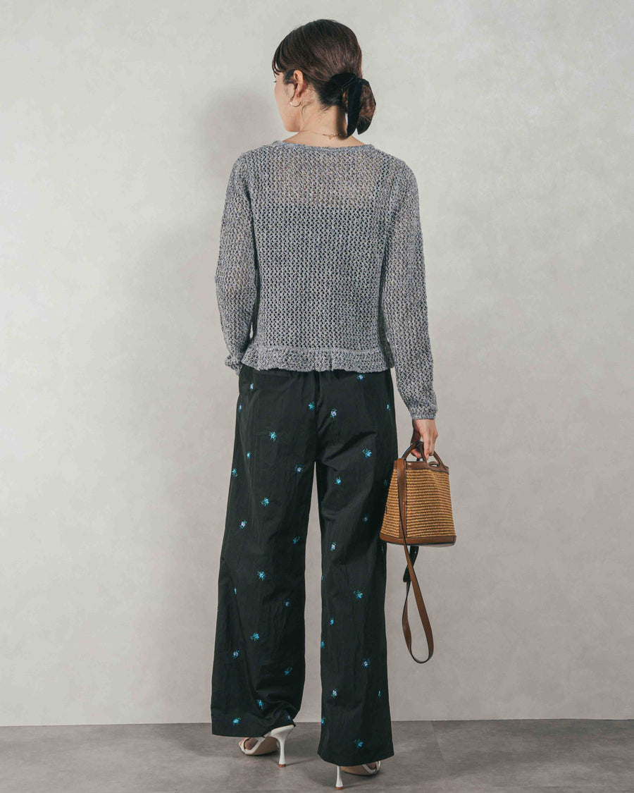［SET］Mixメッシュ Vネックカーデ + Flower刺繍　タックパンツ（2SET）