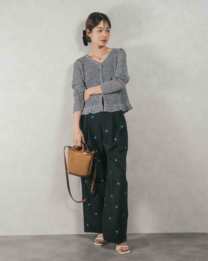 ［SET］Mixメッシュ Vネックカーデ + Flower刺繍　タックパンツ（2SET）