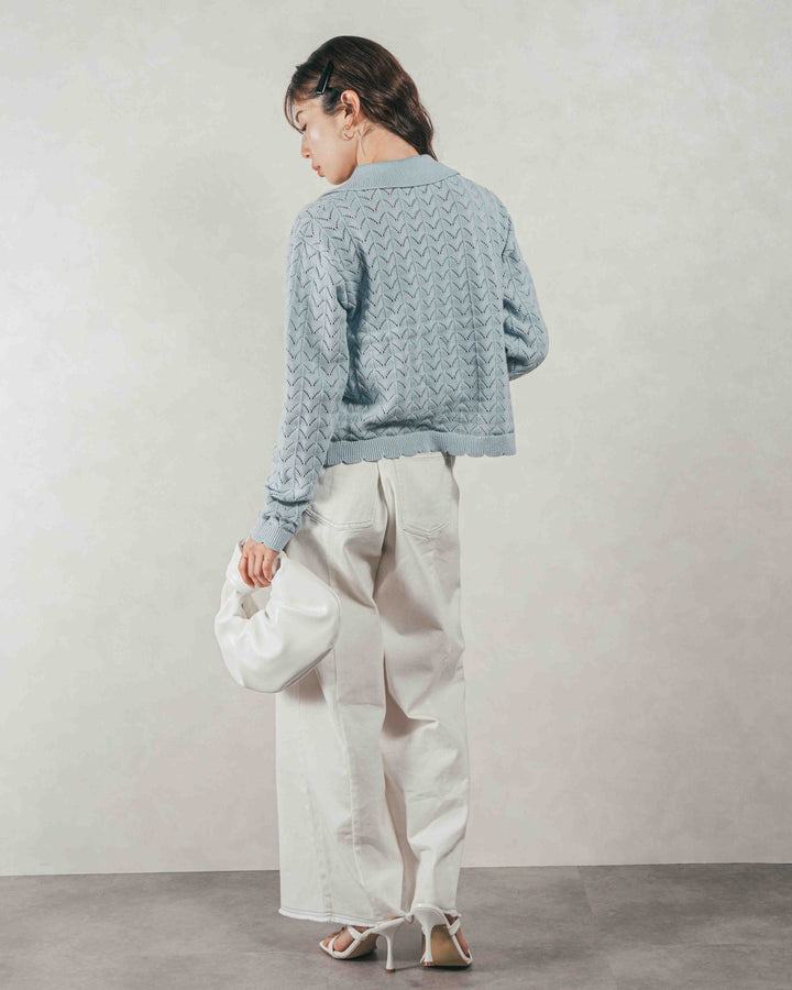 ［SET］透かし編みニット襟付きカーディガン + 10oz ニュアンスバイカラー リラックスワイドデニム（2SET）