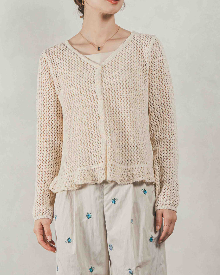 ［SET］Mixメッシュ Vネックカーデ + Flower刺繍　タックパンツ（2SET）