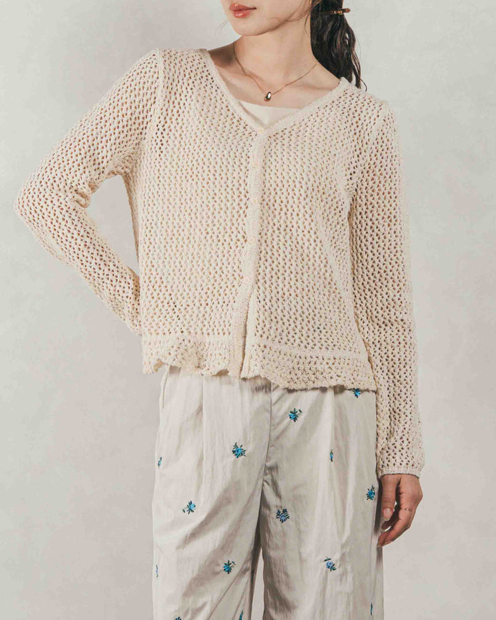 ［SET］Mixメッシュ Vネックカーデ + Flower刺繍　タックパンツ（2SET）