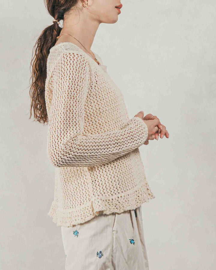 ［SET］Mixメッシュ Vネックカーデ + Flower刺繍　タックパンツ（2SET）