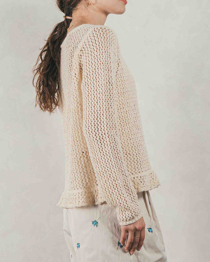 ［SET］Mixメッシュ Vネックカーデ + Flower刺繍　タックパンツ（2SET）