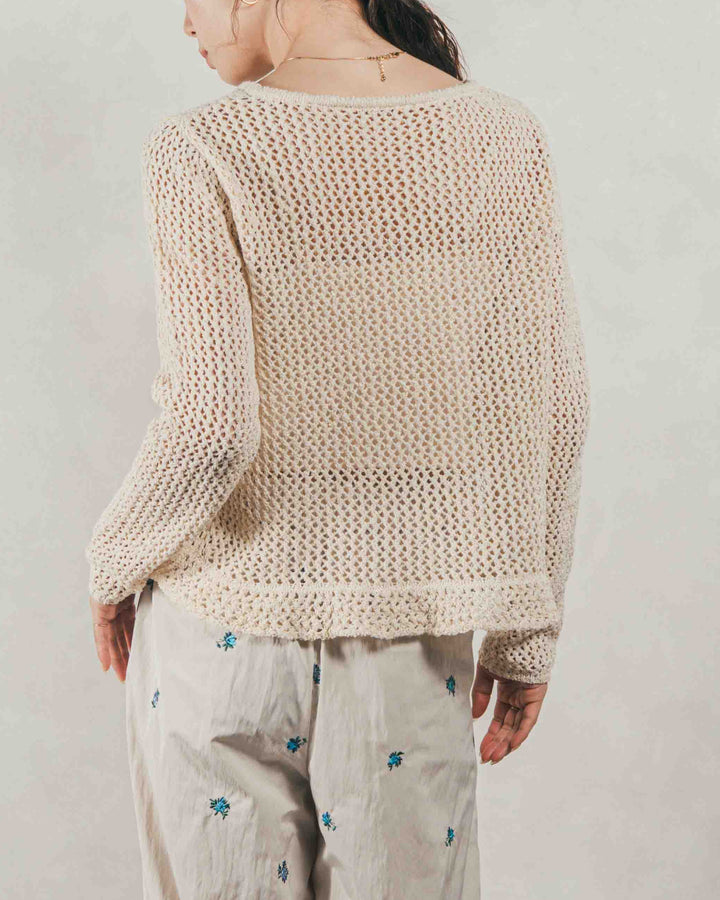 ［SET］Mixメッシュ Vネックカーデ + Flower刺繍　タックパンツ（2SET）