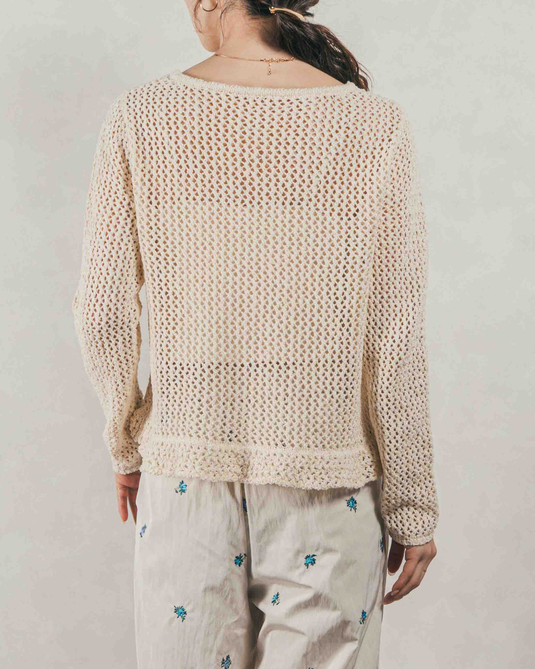 ［SET］Mixメッシュ Vネックカーデ + Flower刺繍　タックパンツ（2SET）