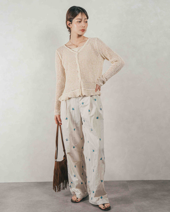 ［SET］Mixメッシュ Vネックカーデ + Flower刺繍　タックパンツ（2SET）