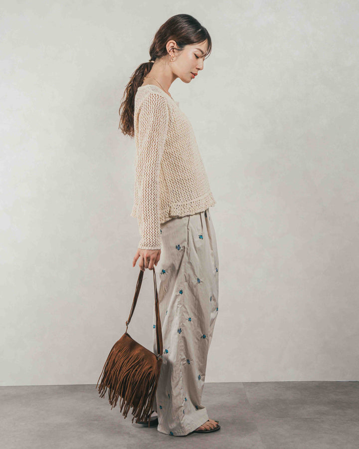 ［SET］Mixメッシュ Vネックカーデ + Flower刺繍　タックパンツ（2SET）