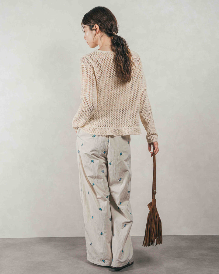 ［SET］Mixメッシュ Vネックカーデ + Flower刺繍　タックパンツ（2SET）