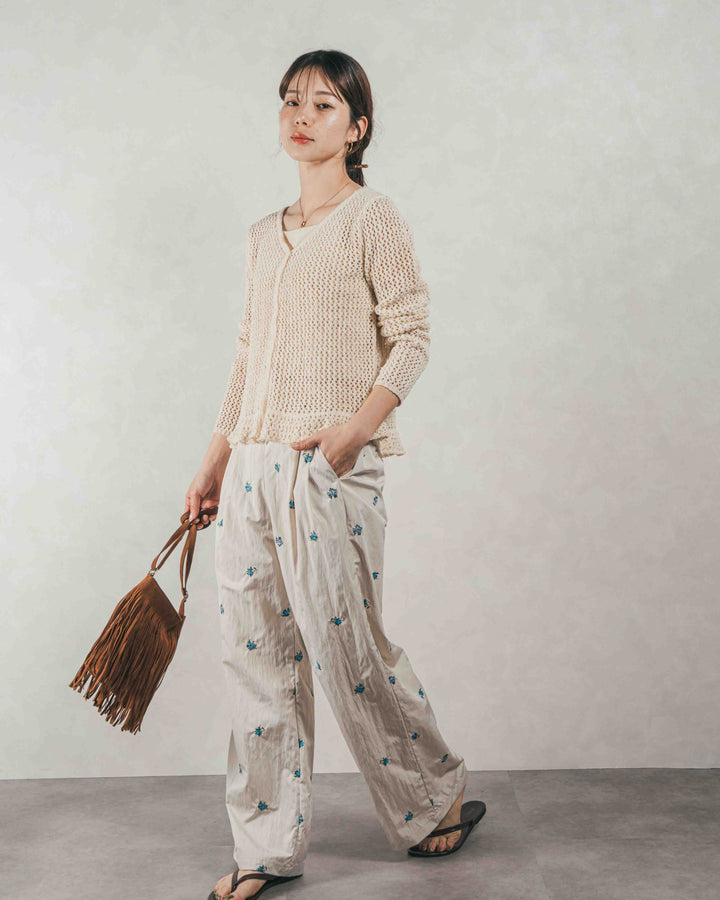［SET］Mixメッシュ Vネックカーデ + Flower刺繍　タックパンツ（2SET）