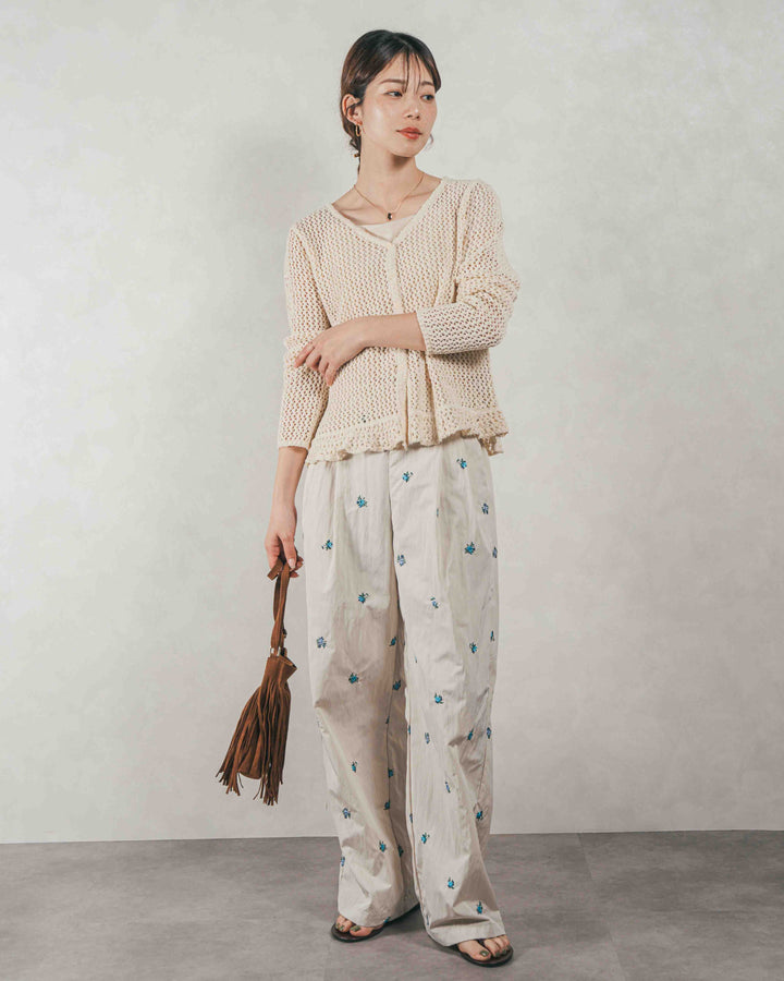［SET］Mixメッシュ Vネックカーデ + Flower刺繍　タックパンツ（2SET）