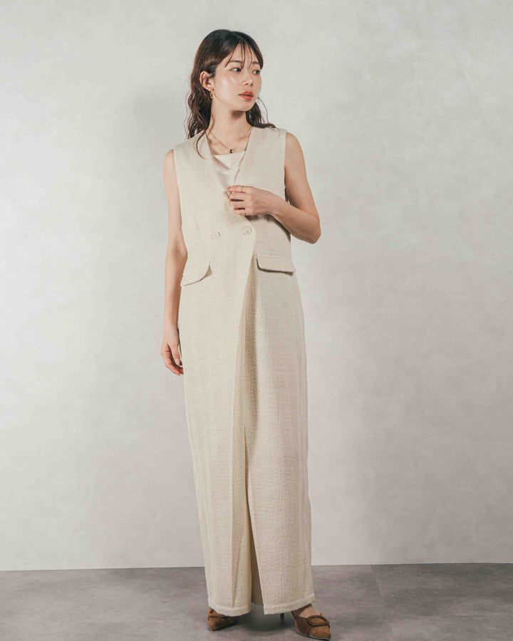 ［SET］デニムライク へリンボーンサロペット + Blockレース　フーディーブラウス（2SET）