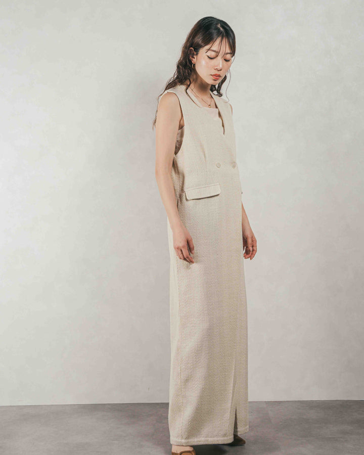 ［SET］デニムライク へリンボーンサロペット + Blockレース　フーディーブラウス（2SET）