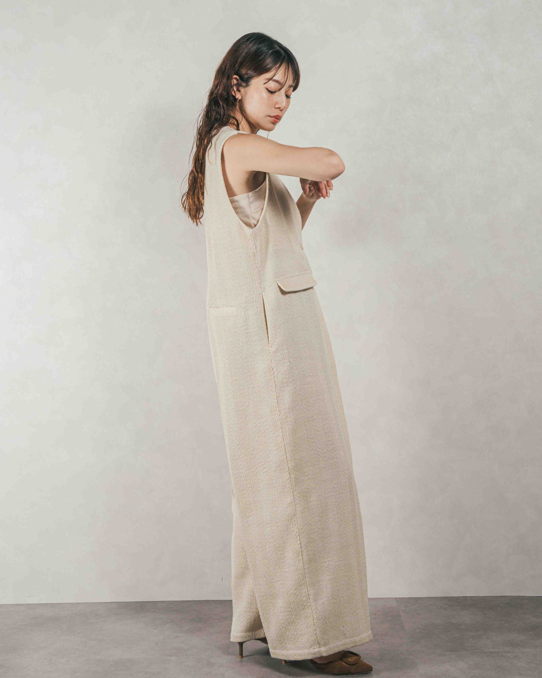 ［SET］デニムライク へリンボーンサロペット + Blockレース　フーディーブラウス（2SET）