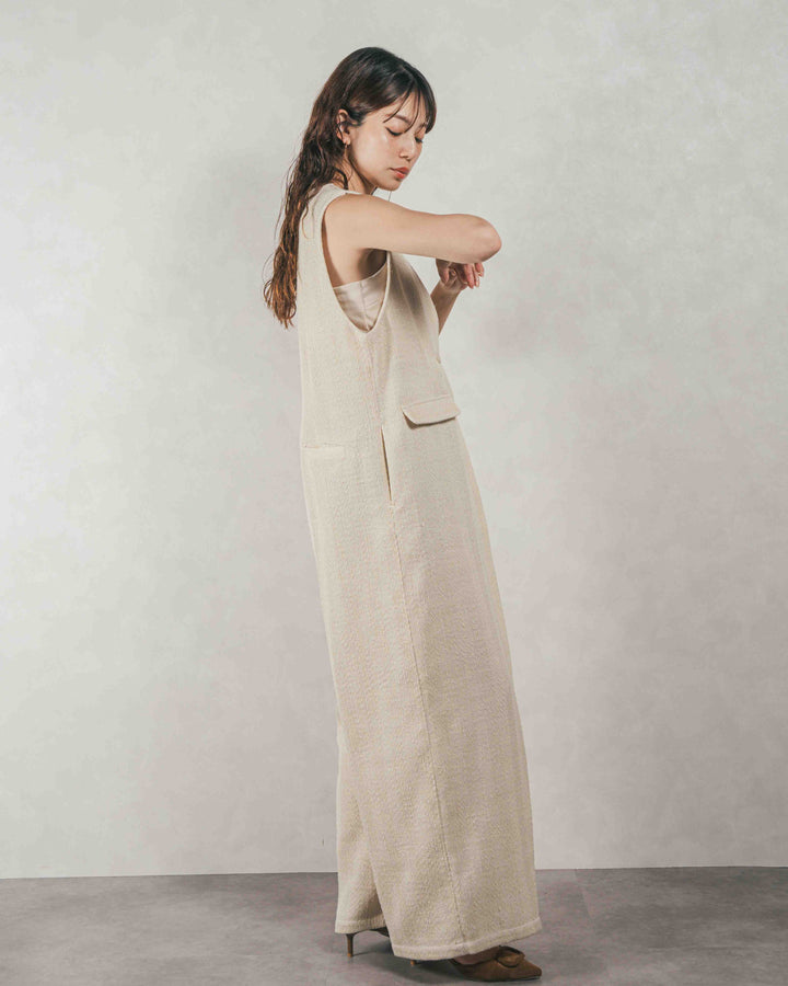 ［SET］デニムライク へリンボーンサロペット + Blockレース　フーディーブラウス（2SET）