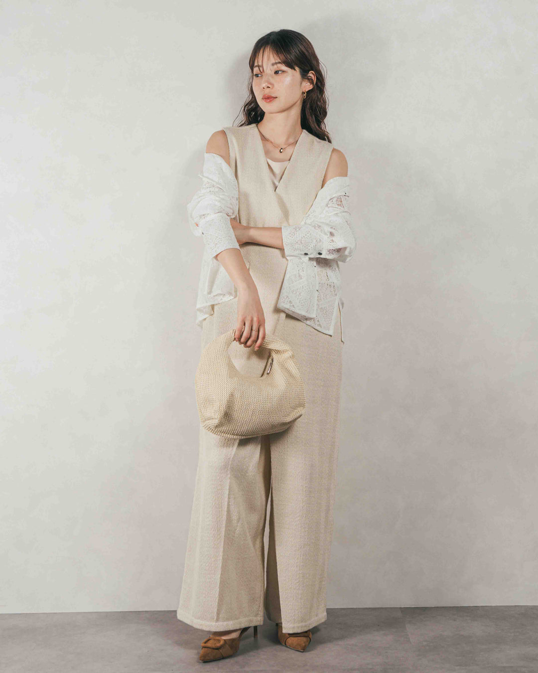 ［SET］デニムライク へリンボーンサロペット + Blockレース　フーディーブラウス（2SET）