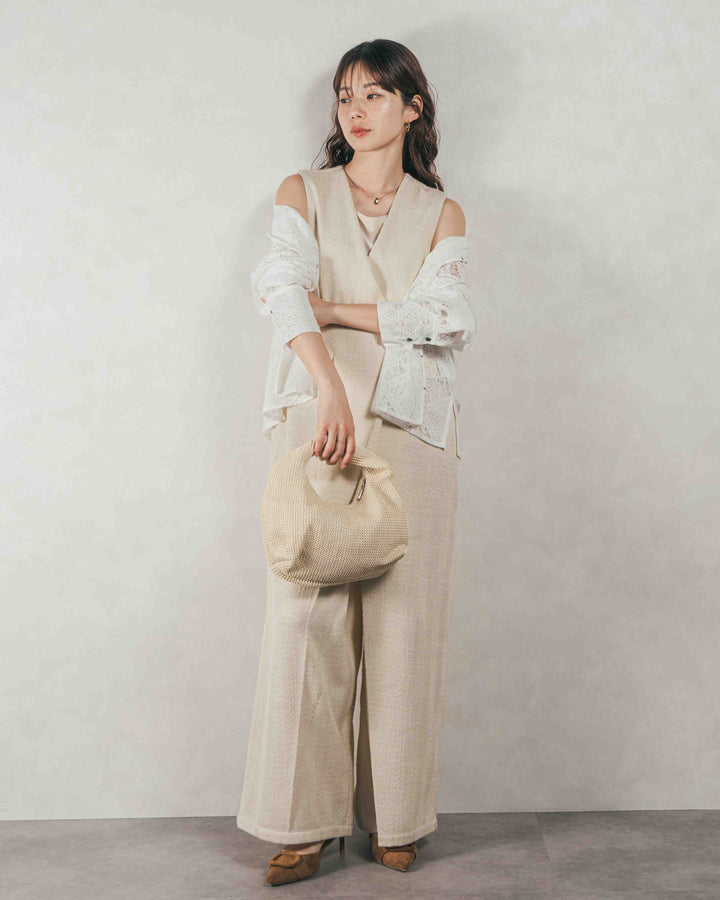 ［SET］デニムライク へリンボーンサロペット + Blockレース　フーディーブラウス（2SET）