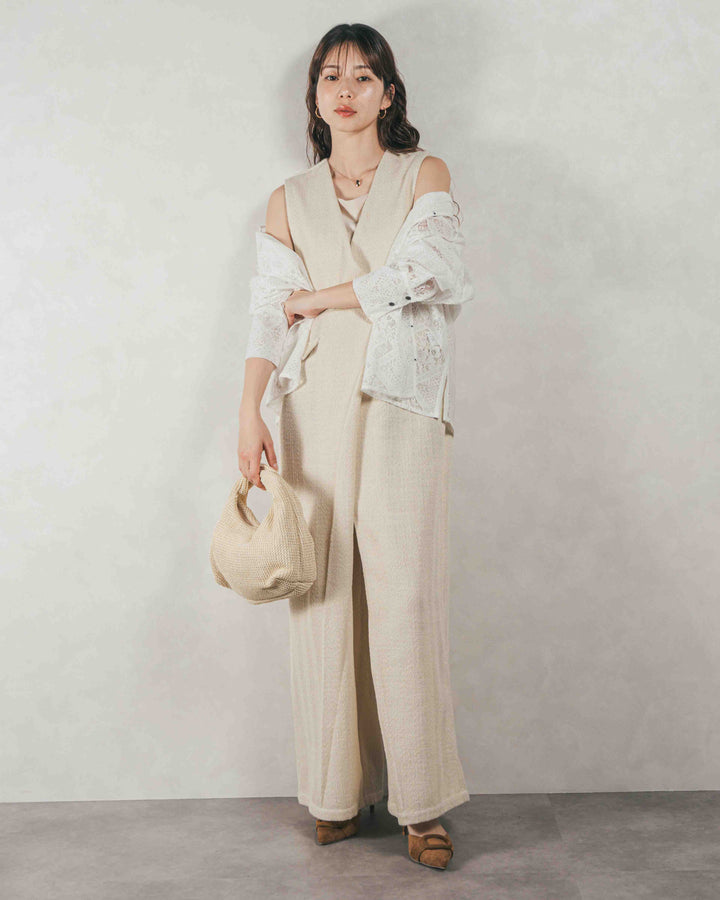 ［SET］デニムライク へリンボーンサロペット + Blockレース　フーディーブラウス（2SET）