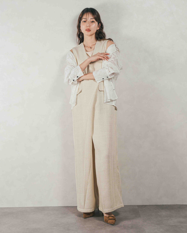 ［SET］デニムライク へリンボーンサロペット + Blockレース　フーディーブラウス（2SET）