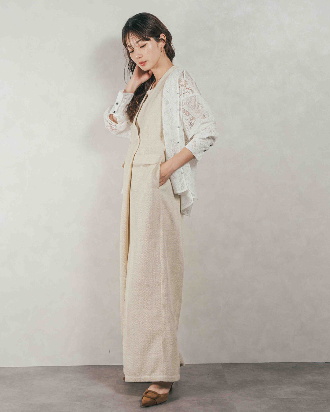 ［SET］デニムライク へリンボーンサロペット + Blockレース　フーディーブラウス（2SET）