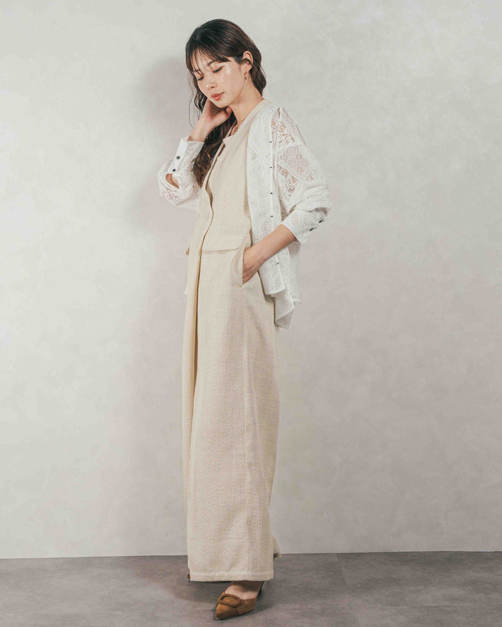 ［SET］デニムライク へリンボーンサロペット + Blockレース　フーディーブラウス（2SET）