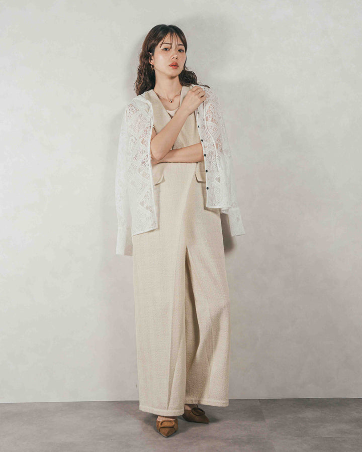 ［SET］デニムライク へリンボーンサロペット + Blockレース　フーディーブラウス（2SET）