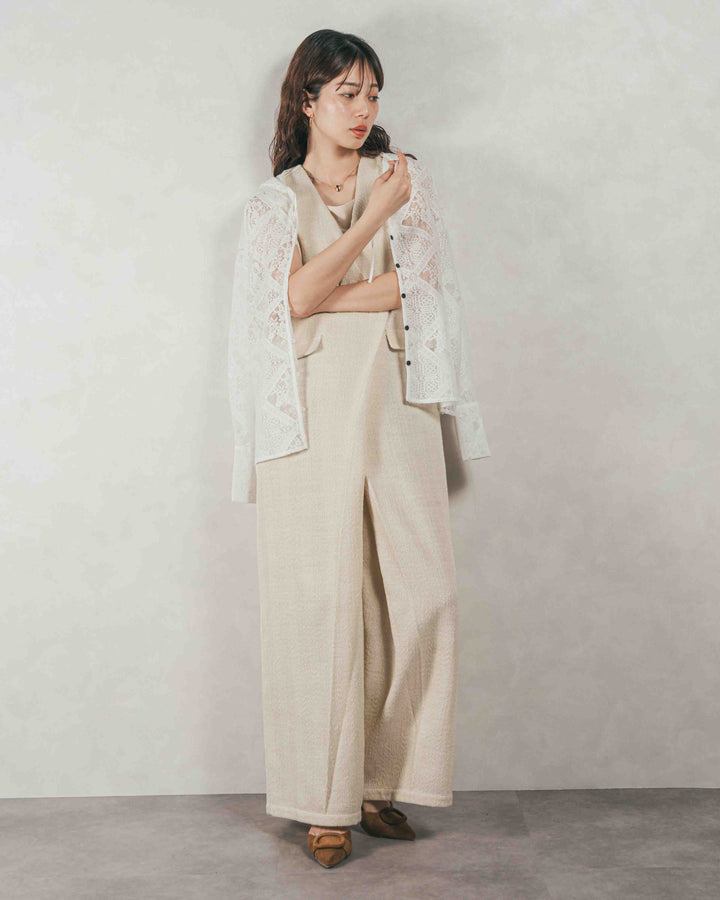 ［SET］デニムライク へリンボーンサロペット + Blockレース　フーディーブラウス（2SET）