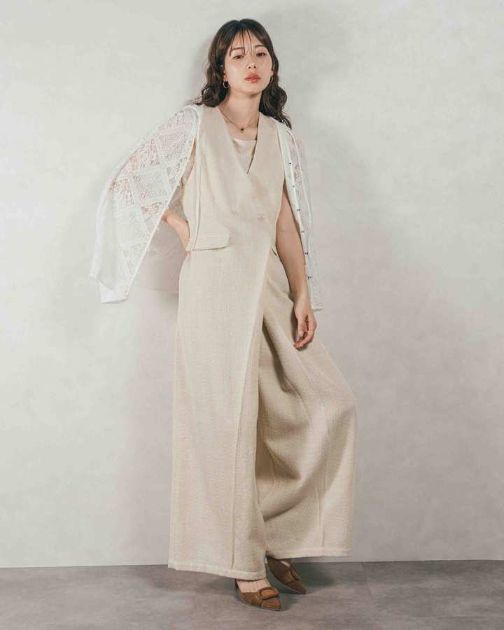 ［SET］デニムライク へリンボーンサロペット + Blockレース　フーディーブラウス（2SET）