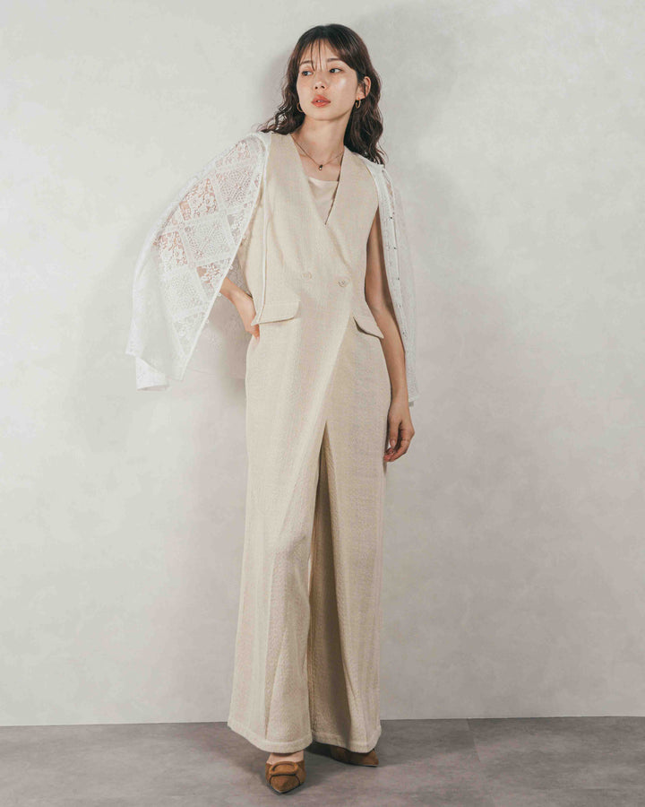 ［SET］デニムライク へリンボーンサロペット + Blockレース　フーディーブラウス（2SET）