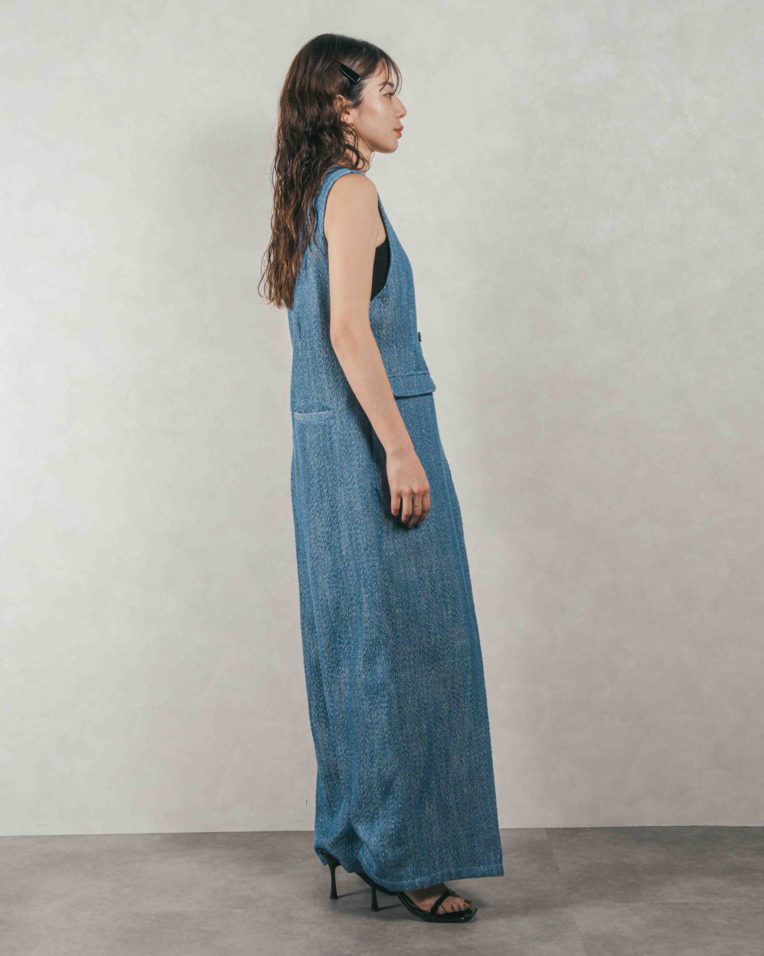 ［SET］デニムライク へリンボーンサロペット + Blockレース　フーディーブラウス（2SET）