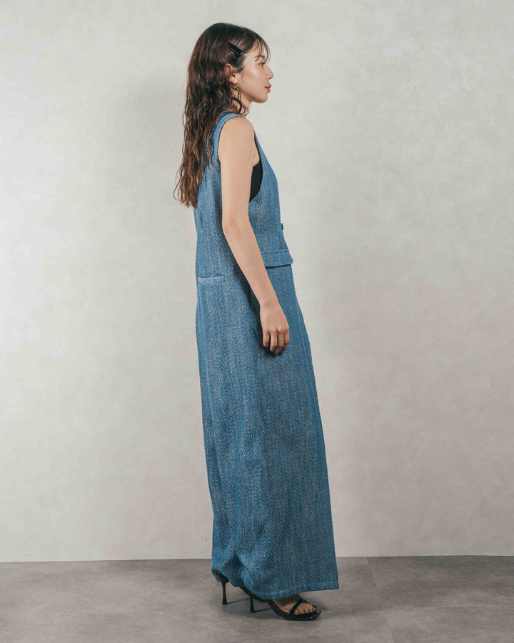 ［SET］デニムライク へリンボーンサロペット + Blockレース　フーディーブラウス（2SET）