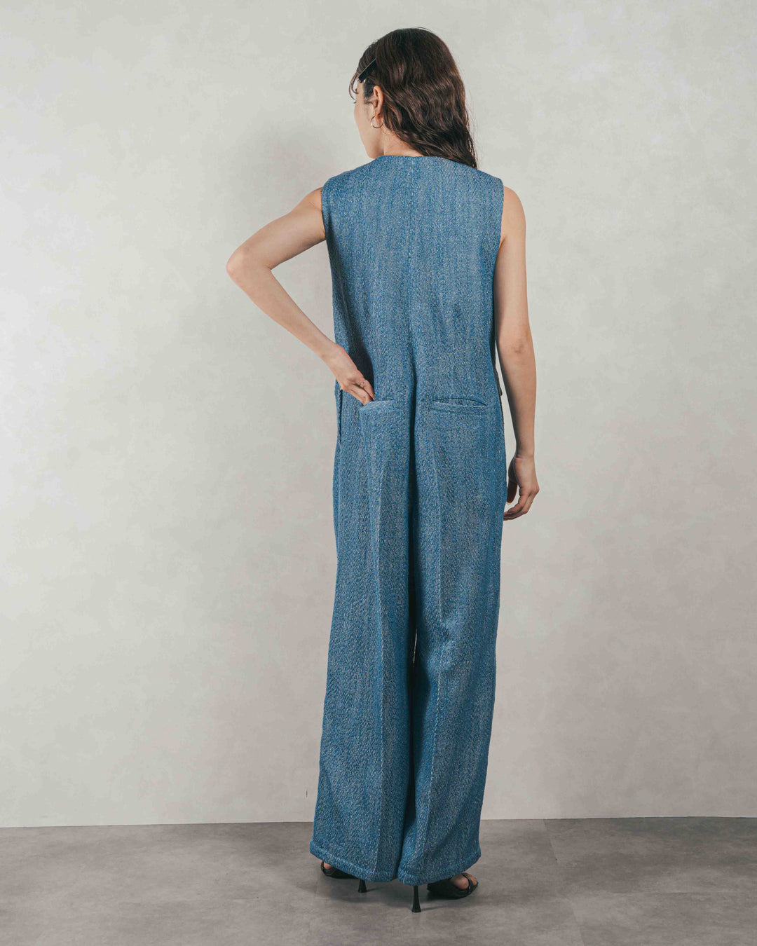 ［SET］デニムライク へリンボーンサロペット + Blockレース　フーディーブラウス（2SET）