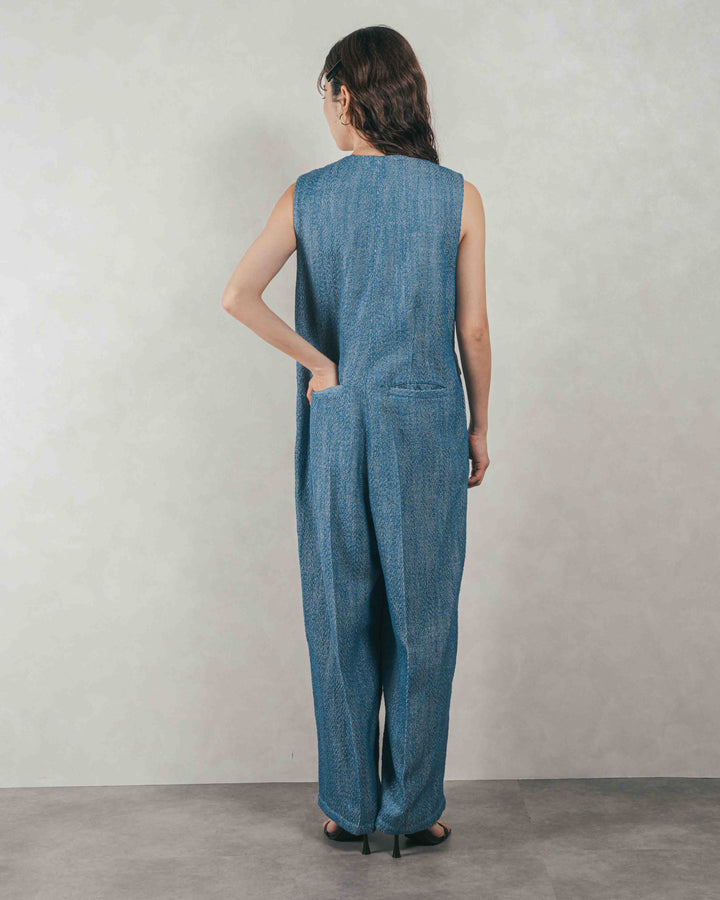 ［SET］デニムライク へリンボーンサロペット + Blockレース　フーディーブラウス（2SET）