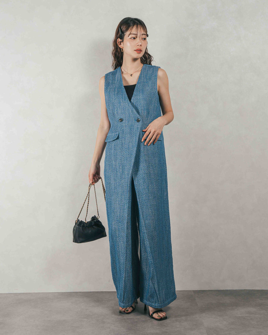 ［SET］Blockレース　フーディーブラウス + Blockレース　ストレートパンツ + デニムライク へリンボーンサロペット（3SET）